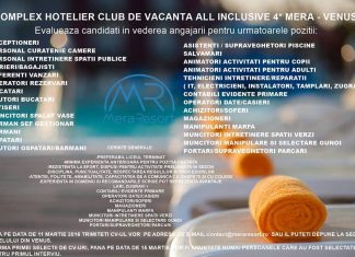 Esti in cautarea unui loc de munca? Complexul hotelier 4* MERA din Venus face angajari.