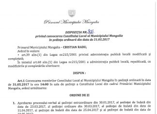 Miercuri, 31 mai a.c., ora 14.00, sedinta ordinara a Consiliului Local Mangalia. Vezi convocatorul.