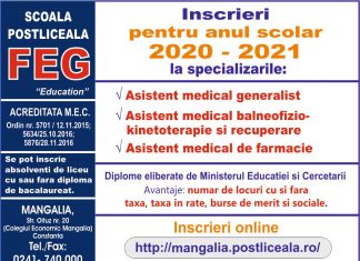 Scoala Postliceala FEG Mangalia face inscrieri pentru anul scolar 2020-2021, absolvenți de liceu cu sau fara Diploma de Bacalaureat, fara limita de varsta