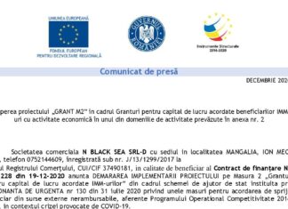 ANUNȚ: Societatea comerciala N BLACK SEA SRL-D a început IMPLEMENTAREA PROIECTULUI pe Masura 2 „Granturi pentru capital de lucru acordate IMM-urilor”