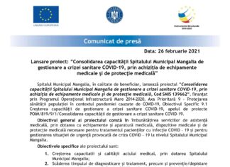 Lansare proiect: ”Consolidarea capacităţii Spitalului Municipal Mangalia de gestionare a crizei sanitare COVID-19, prin achiziţia de echipamente medicale şi de protecţie medicală”