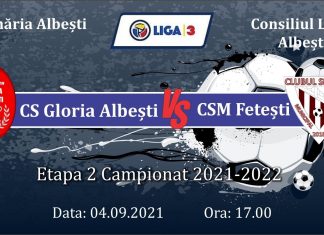 Fotbal: Gloria Albești va întâlni, sâmbătă, echipa Clubul Sportiv Municipal Feteşti, în a doua etapă a Ligii 3
