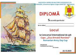 ASOCIAȚIA CADRELOR MILITARE ÎN REZERVĂ ȘI RETRAGERE Filiala Mangalia “Viceamiral inginer Grigore MARTEŞ” va invita la Concursul Internațional de Șah dedicat Zilei Armatei Române