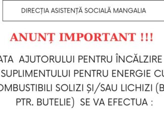 Direcția Asistență Socială Mangalia anunță plata ajutoarelor pentru încălzire și energie