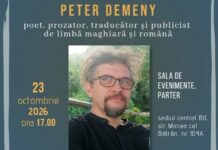 Dialog și recital poetic cu scriitorul Peter Demeny, Vineri, 23 octombrie a.c., la Biblioteca Județeană „Ioan N. Roman”