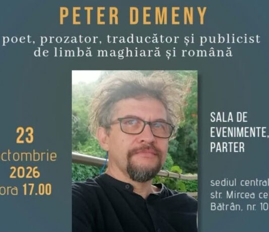 Dialog și recital poetic cu scriitorul Peter Demeny, Vineri, 23 octombrie a.c., la Biblioteca Județeană „Ioan N. Roman”